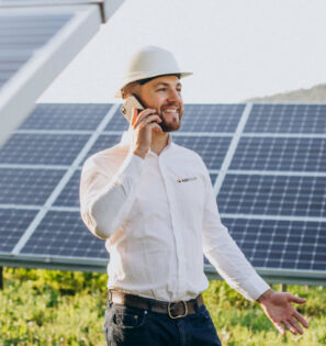 Mladý architekt stojící u solárních panelů mluvící do mobilního telefonu